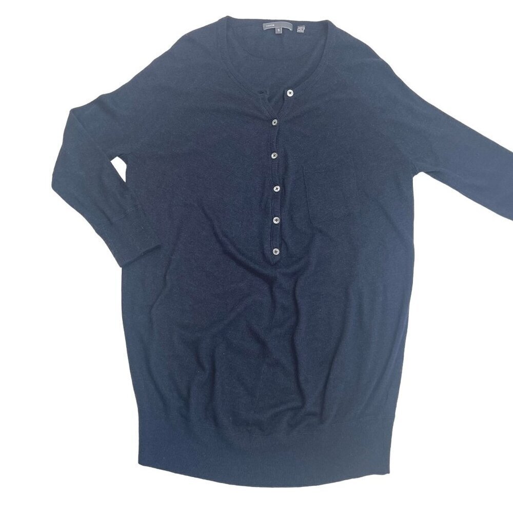 Vince Tunic Sweater 3/4 Sleeves Navy Blue 1/2 Button Front Ladies Size Small